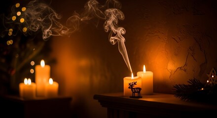 Warm glow of lit candles with smoke rising in a dark room