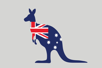 Silhouette of a kangaroo filled with the australian flag on a gray background