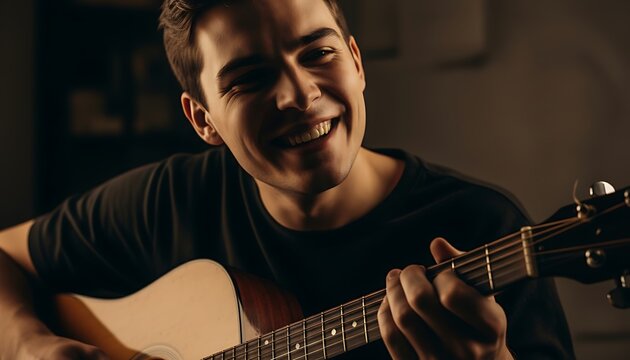 Young Man Joyfully Playing Acoustic Guitar Indoors with Soft Lighting