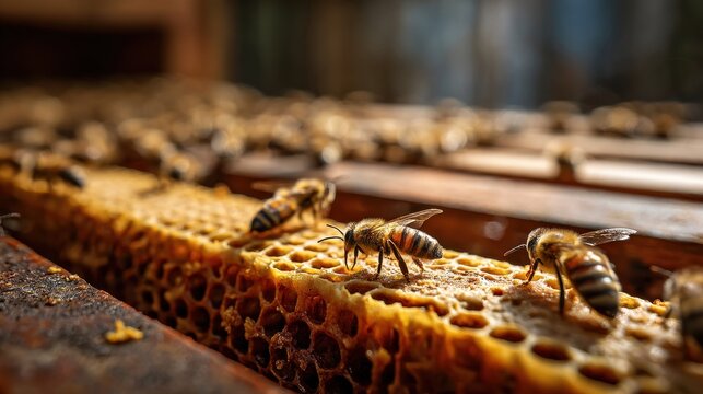 Langstroth beehive frame bees honey apiary. For beekeeping, agriculture, honeycomb, insects, nature, farming content.