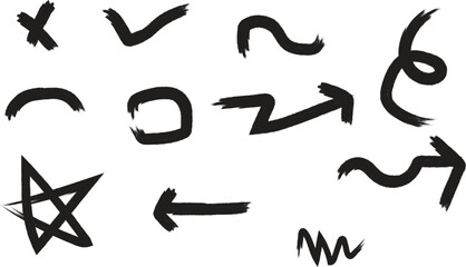 Brush arrows and doodle symbols isolated on transparent background