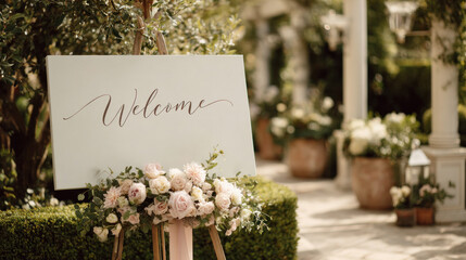 Welcome wedding sign linen flowers mauve. For wedding, events, decoration, celebration, engagement, reception, floral content.	