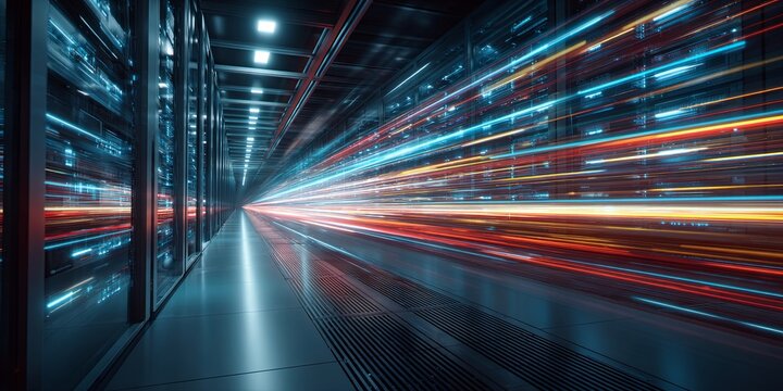 Futuristic Data Center with Pulsing Light Trails Creating Dynamic Illusion of Speed and Motion in a High-Tech Environment