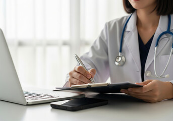 Close up of a female doctor in a white coat and stethoscope writing a prescription on a clipboard at her desk in the hospital.