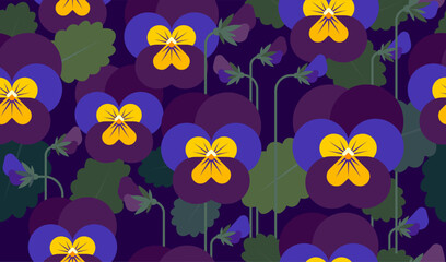 Seamless pattern with violets or pansies, leaves and flowers on background.