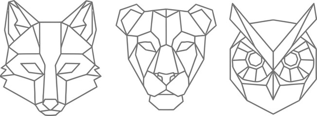 Set of three geometric polygonal animal heads fox cheetah and owl representing modern low poly style wildlife design