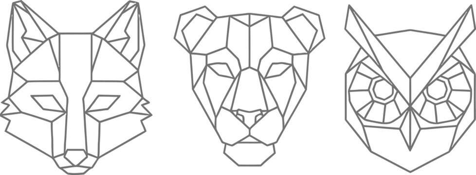 Set of three geometric polygonal animal heads fox cheetah and owl representing modern low poly style wildlife design