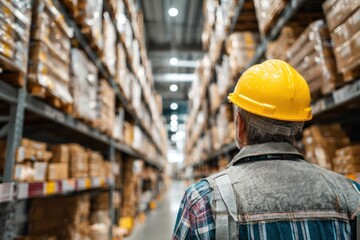 Warehouse worker hard hat shelves logistics inventory. For warehouse, work, logistics, inventory, business, industrial, safety, professional content.