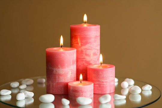 Group of lit pink pillar candles with white pebbles on a reflective surface against a warm brown background