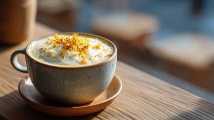 Osmanthus latte ceramic cup coffee table cafe. For coffee, cafe, beverage, food, drink, table, ceramic, professional, commercial, hospitality content.