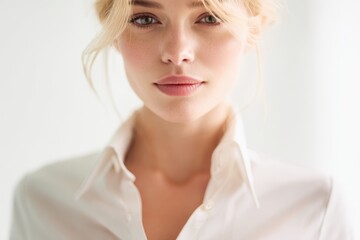 Elegant Portrait: A close-up shot of a sophisticated woman, radiating poise and grace, elegantly dressed in a classic white button-down shirt.