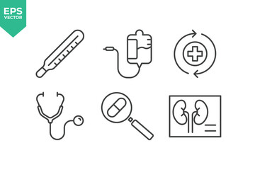 Medical Line Icon Set. Contains icons as Doctor, Nurse, Hospital, Medicine, Pharmacy, Clinic, Patient, Medical, Health, Prevention, Treatment,Illness, and more