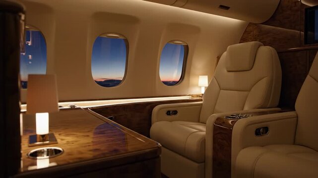 Empty cabin of a luxury business private jet with comfortable leather seats and a wooden table, flying during a beautiful and serene sunset seen through the airplane windows
