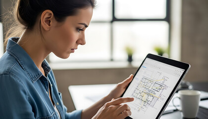 Focused woman using a tablet to review architectural plans at her desk