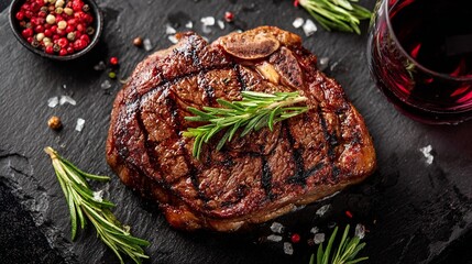 Juicy grilled beef steak with rosemary, pepper, and red wine on dark stone background, showcasing culinary artistry and gourmet dining experience