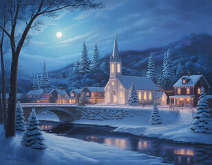 Peaceful winter village scene with a church snow covered homes and a moonlit river under a starry sky