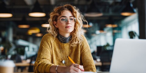Fototapeta premium Young woman in casual attire sitting at desk with laptop, writing on paper, engaged in creative work in a bright modern office environment