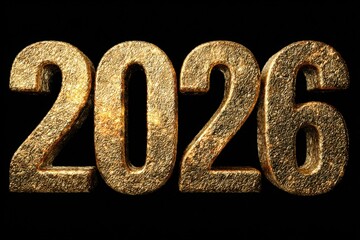 A shiny, golden representation of the year 2026 stands out against a dark background, ideal for celebrating milestones, events, or New Year promotions in marketing materials and digital content,