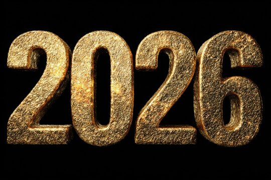 A shiny, golden representation of the year 2026 stands out against a dark background, ideal for celebrating milestones, events, or New Year promotions in marketing materials and digital content,