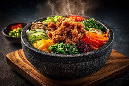 Korean bibimbap hot stone bowl fried chicken gourmet. For food photography, Asian, Korean cuisine, bibimbap, restaurant, recipe, culinary, gourmet content.