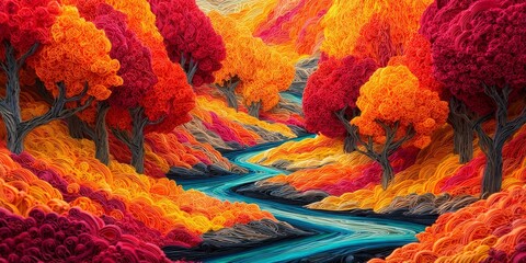 Vibrant Autumn Landscape in Paper Quilling Art Style Featuring Flowing River, Trees, and Colorful Foliage in Shades of Red, Orange, and Yellow
