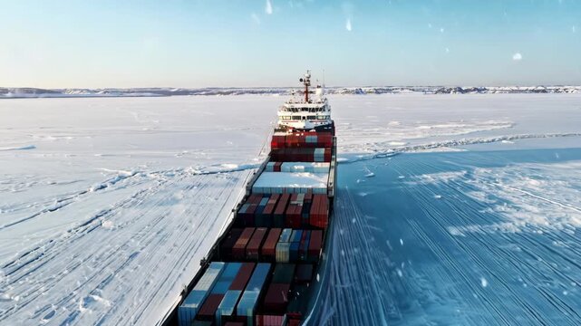 Massive cargo ship navigating through icy frozen polar waters.