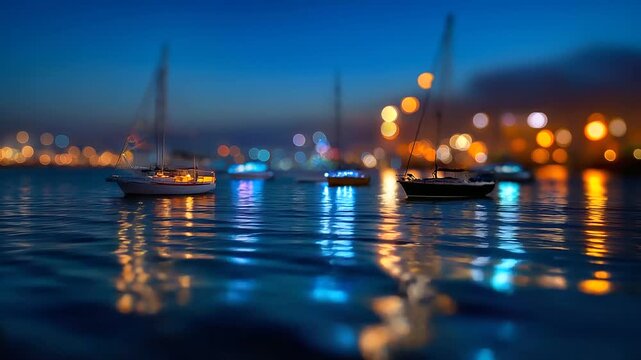 Defocused twilight image of boats returning to harbor, calm waves and faint lights symbolizing closure and success, with copy space.