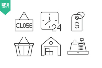 E-Commerce Line Icon Set. The set contains icons such as Shopping, Store, Payment, Discount, Shopping Cart, Package, Delivering, Courier and so on.