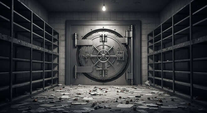 Empty bank vault after robbery leaving debris on floor