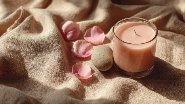 Single scented candle soft fabric gentle folds relaxation. For candles, spa, relaxation, wellness, home decor, aromatherapy, lifestyle content.