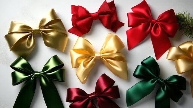 Flat lay of assorted Christmas bows in metallic red, gold, and green tones arranged neatly on a white textured background, soft shadows, elegant holiday atmosphere, with copy space