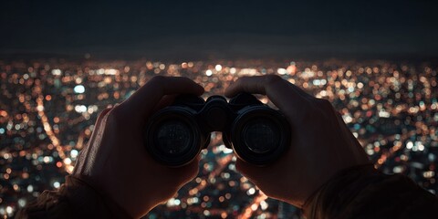 clean hands (focused detail) holding a pair of binoculars pointed towards the vast, illuminated city below, perspective, foresight, high contrast, hyperrealism, 16K,