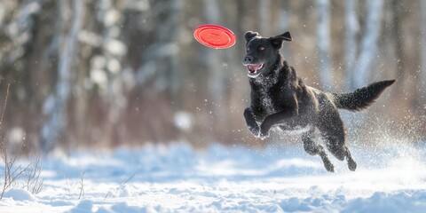 Black dog jumps through snow with a red frisbee in its mouth on a winter day. Energetic outdoor play, active pet lifestyle, and joyful moment in snowy nature.
