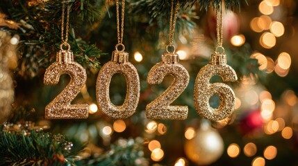 Decorative golden numbers 2026 hang from a Christmas tree, creating a festive atmosphere perfect for holiday-themed promotions, greeting cards, or social media posts celebrating the New Year,