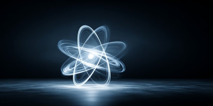 A clean, dramatic, moody shot of a single, abstract object (e.g., stylized atom structure) glowing brightly in a dark, clean environment, theoretical science, core concep