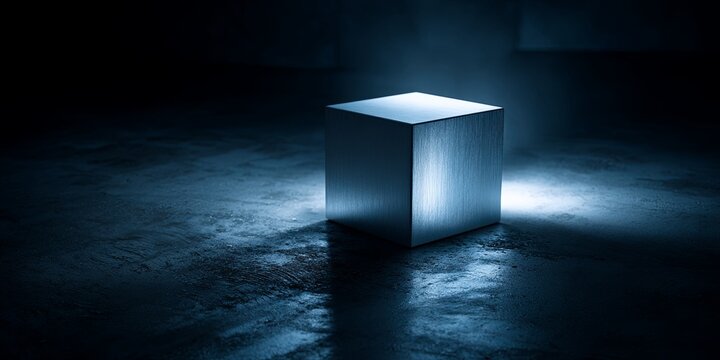 A clean, dramatic, moody shot of a single, illuminated, empty gift box (focused object) on a dark, textured surface, with soft light emerging from inside, mystery, potent