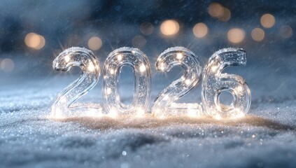 A sparkling, snowy scene featuring the year 2026, illuminated with soft lights, ideal for New Year celebrations, winter promotions, or festive greeting cards capturing the essence of hope and renewal