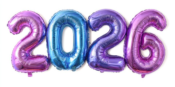 Vibrant metallic balloons displaying the year 2026, perfect for new year celebrations, birthday parties, or milestone events, These colorful decorations add a festive touch to any occasion,