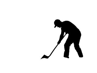 PNF of A silhouette of a man shoveling soil, hinting at hard work and diligence in gardening or construction.