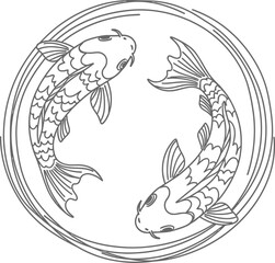Naklejka premium Two koi carp fish outline drawing swimming in circular water waves symbol of yin and yang prosperity and fortune vector illustration