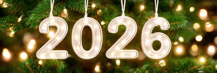 Glowing numbers 2026 hang from a festive tree, surrounded by soft lights, symbolizing celebration and New Year anticipation, Ideal for holiday cards, social media posts, or event promotions,