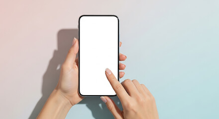 Woman holding phone and touching blank screen mockup