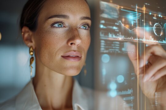 Strategic Vision: A focused professional interacts with an advanced holographic interface, immersed in the world of technological innovation, where digital insights meet ambition.