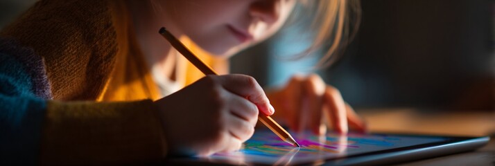Captivating scene of a child creatively drawing on a tablet, showcasing modern technology and artistic expression in a warm, cozy environment filled with soft light.