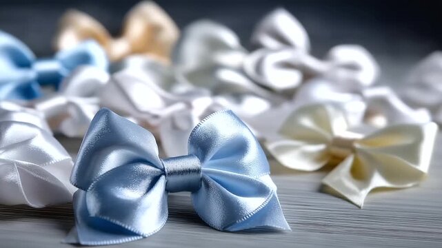 Collection of small satin bows in silver and pearl tones scattered loosely, soft focus edges and delicate highlights, elegant simplicity, with copy space.