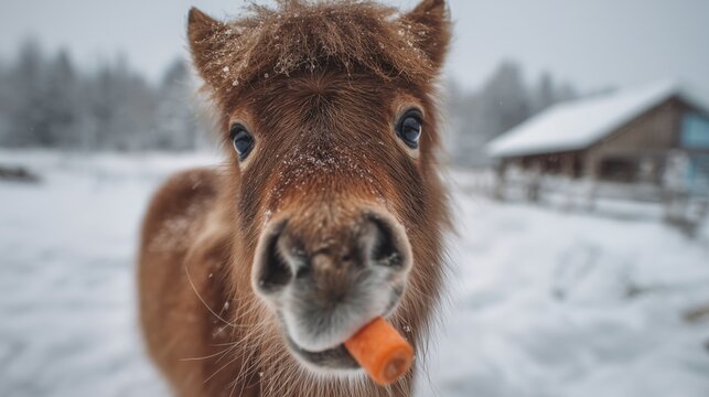 Close-up of a curious pony munching on a carrot in a snow-covered landscape on a winter day
