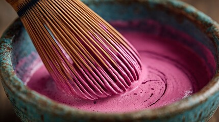 Vibrant pink smoothie or batter being whisked in a rustic ceramic bowl, showcasing culinary artistry and the mesmerizing texture of blending ingredients
