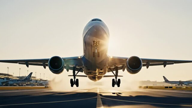 Frontal view of a passenger jet accelerating on the tarmac and taking off from an international airport runway. The aircraft is flying directly towards the camera against a warm, golden sunset sky