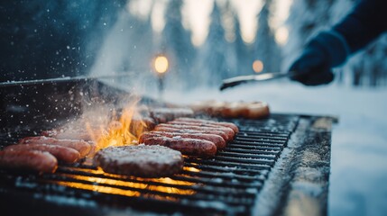 Delicious barbecue taking place in the snow-covered forest at dusk