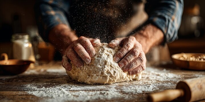 Home baker s hands gently kneading dough on a flour-dusted wooden countertop, rustic atmosphere, soft morning light, cozy.